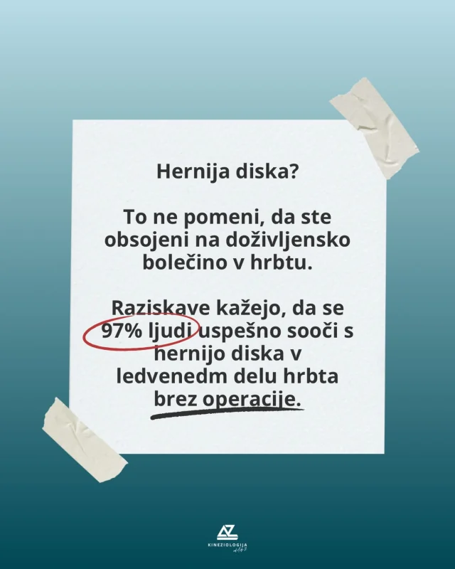 📚 Ta podatek prihaja iz raziskave, ki je zajemala kar 277.941 oseb s hernijo diska.
⠀⠀⠀⠀⠀⠀⠀⠀⠀⠀⠀⠀⠀⠀⠀⠀⠀⠀⠀⠀⠀⠀⠀⠀
👉 Bolečino v ledvenem delu se da v veliki večini primerov odpraviti z vajami in odpravo slabih gibalnih vzorcev. Kot najboljša rešitev pa se je v praksi izkazala kombinacija pasivnega in aktivnega zdravljenja. S pasivnim zdravljenjem se odpravlja bolečino in simpotme, z aktivnim zdravljanjem pa vzrok zaradi katerega pride do bolečine.
